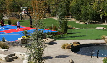 Landscape ideas with putting green, pool, and basketball court