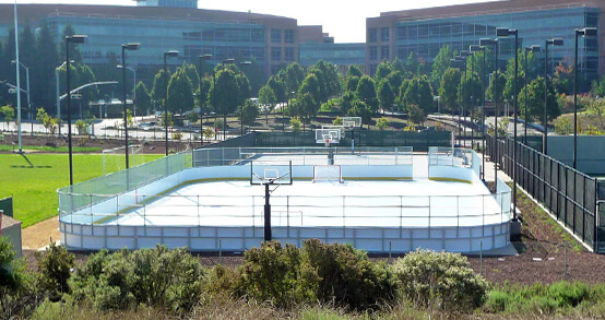 tennis court transformed into a hockey rink
