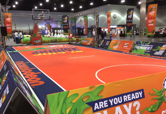 Custom decorated portable basketball court for an event