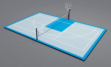 a duo tone half court multi-game court in shades of blue
