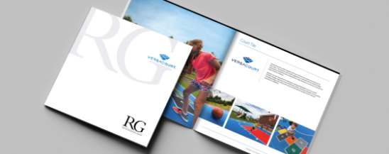 two VersaCourt brochures, one closed to show the cover, one open to show interior pages