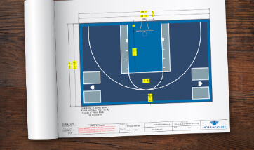 sketchbook open to page with court design drawing