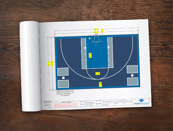 sketchbook open to page with court design drawing