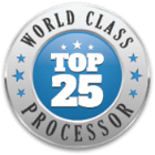 round badge icon with text Top 25 in center and text World Class Processor in a circle around the center