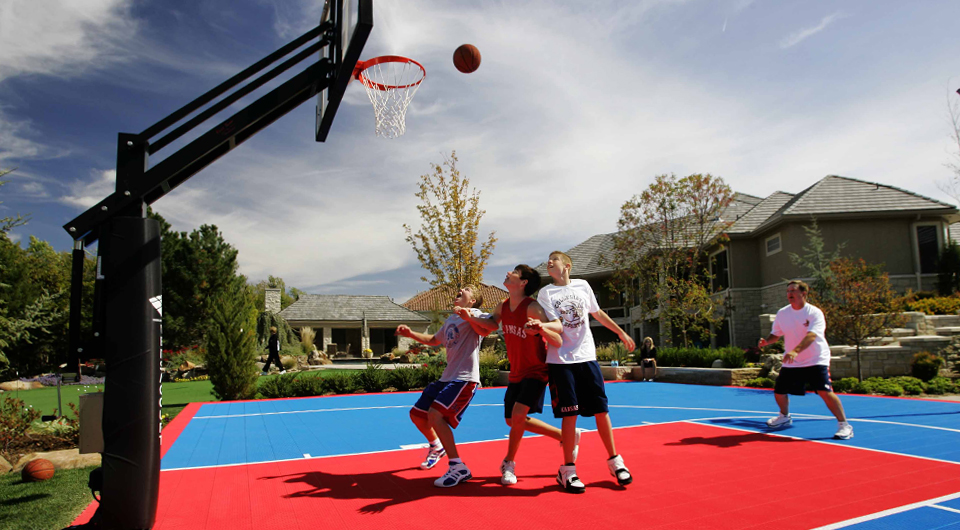 Red and blue basketball court with game court tile