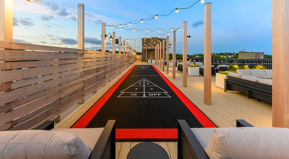 Red and black commercial shuffleboard court