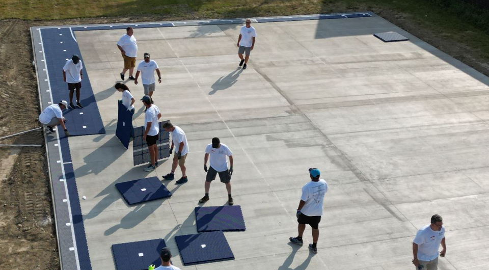 Blue and white court installation