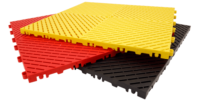 Game Outdoor tile samples in yellow, red, and black